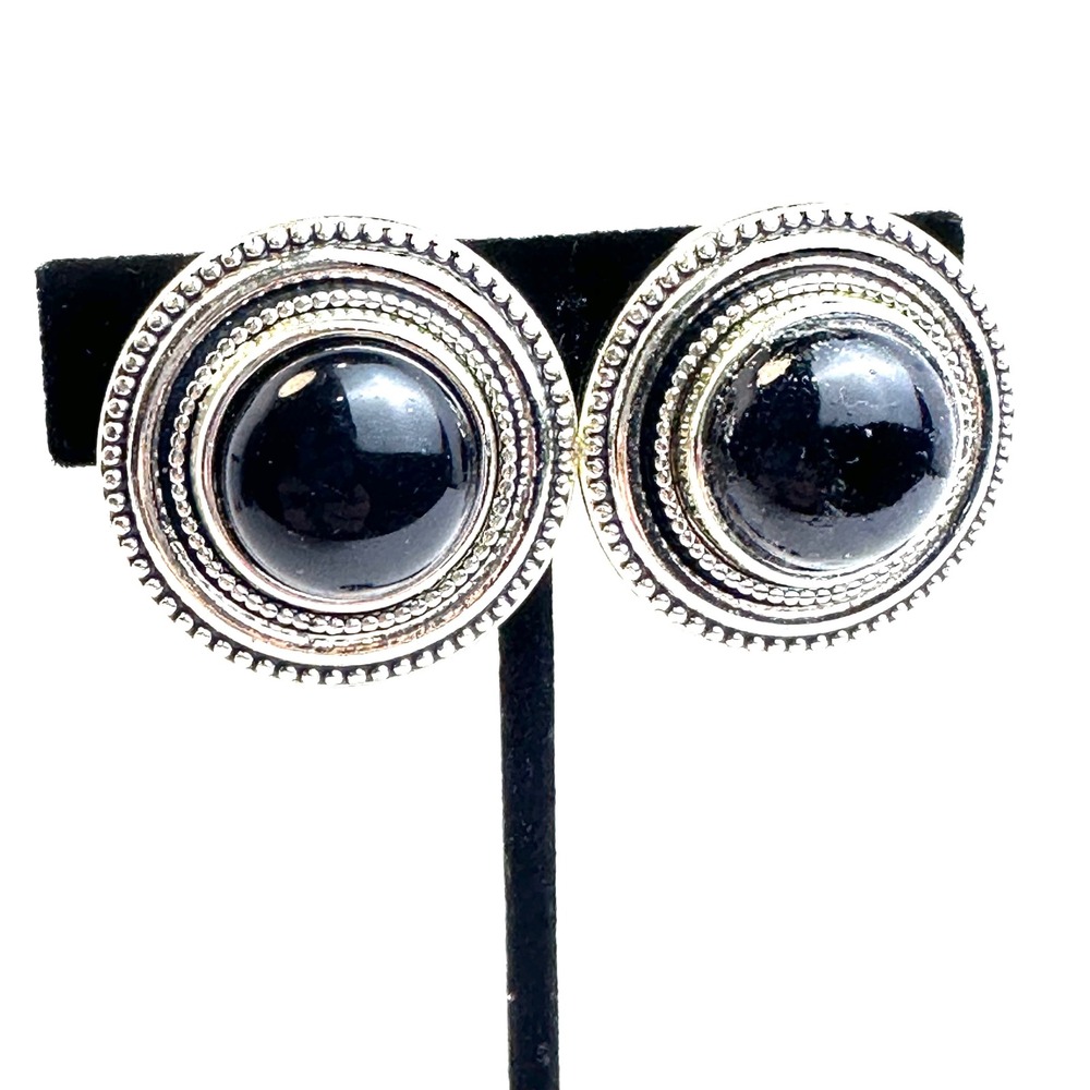 Vintage‎ Clip-on Silver Tone Black Cabochon Round Beaded Clip On Earrings Stud